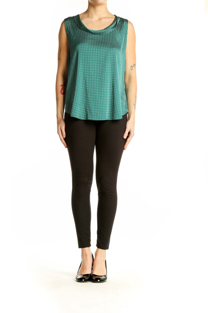 Front view of Ann Taylor green geometric print sleeveless blouse