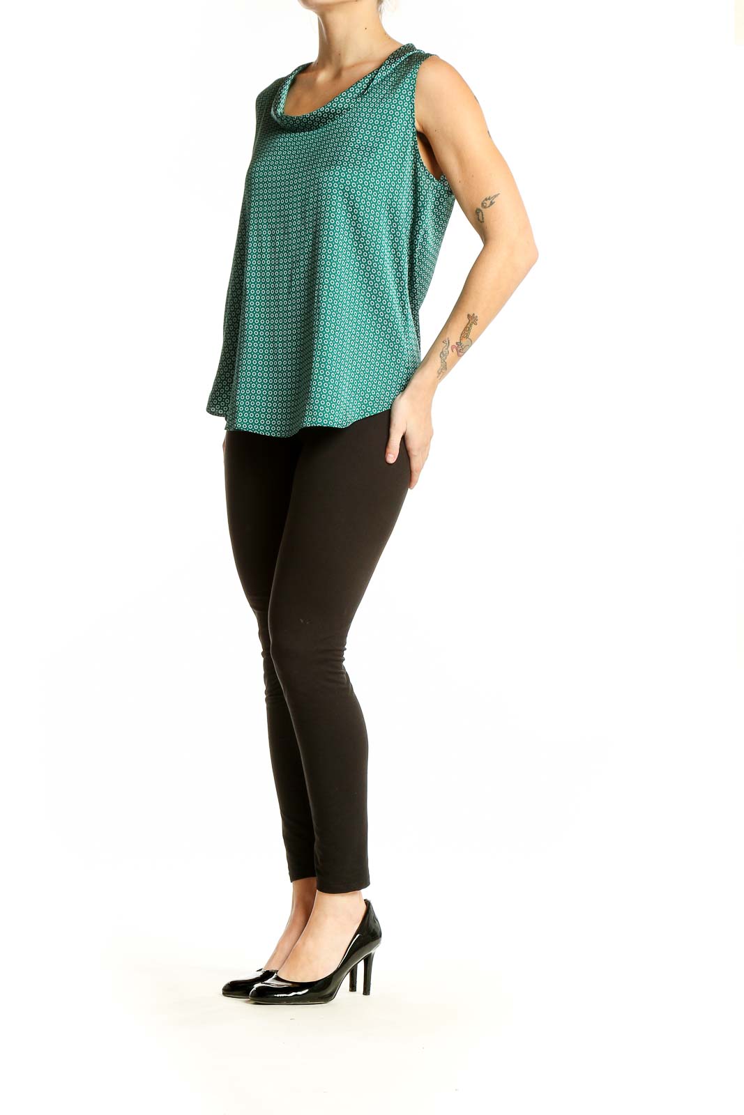 Front view of Ann Taylor green geometric print sleeveless blouse