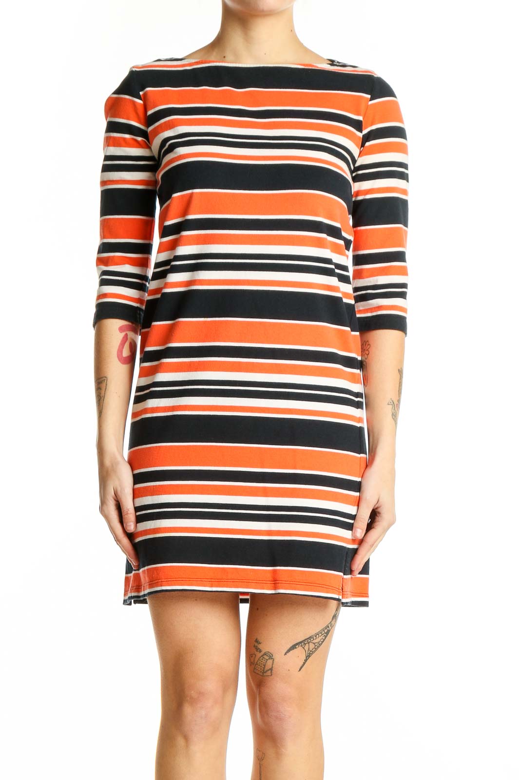 Front view of Trina Turk orange striped cotton shift dress