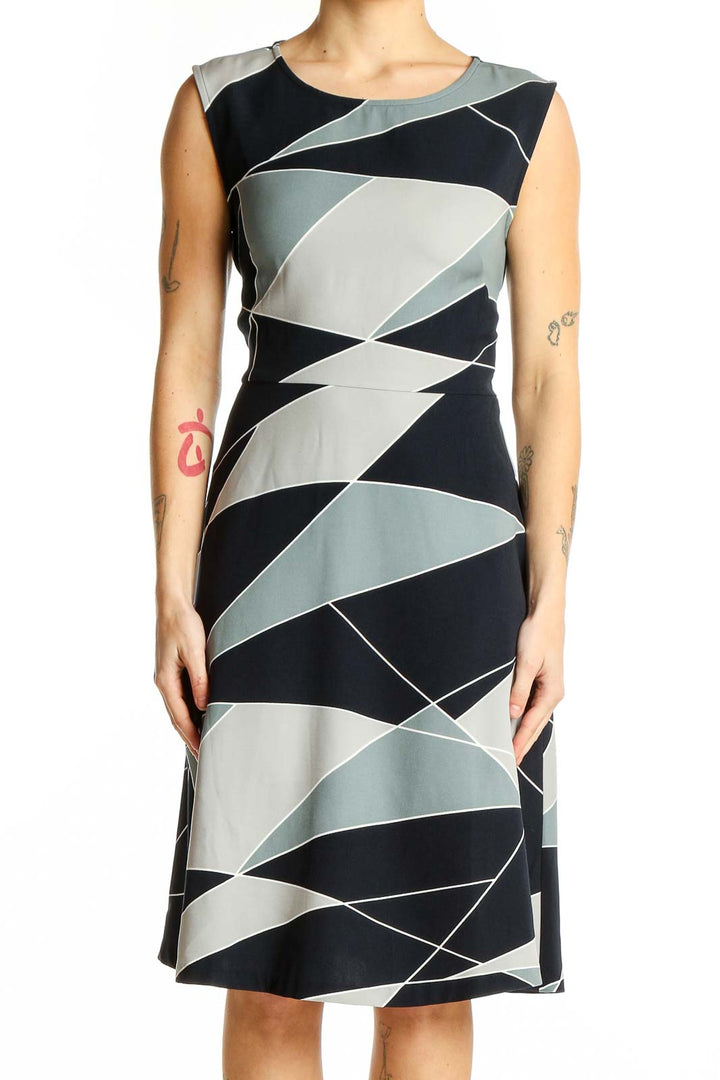 Front view of Ann Taylor navy geometric print sleeveless dress