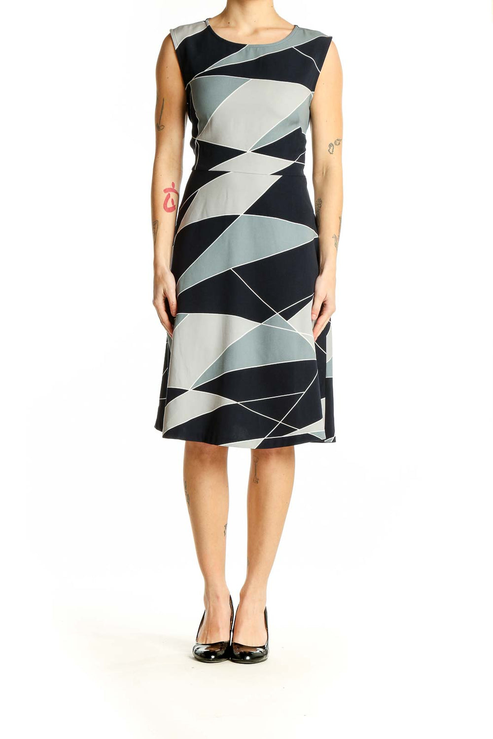 Front view of Ann Taylor navy geometric print sleeveless dress