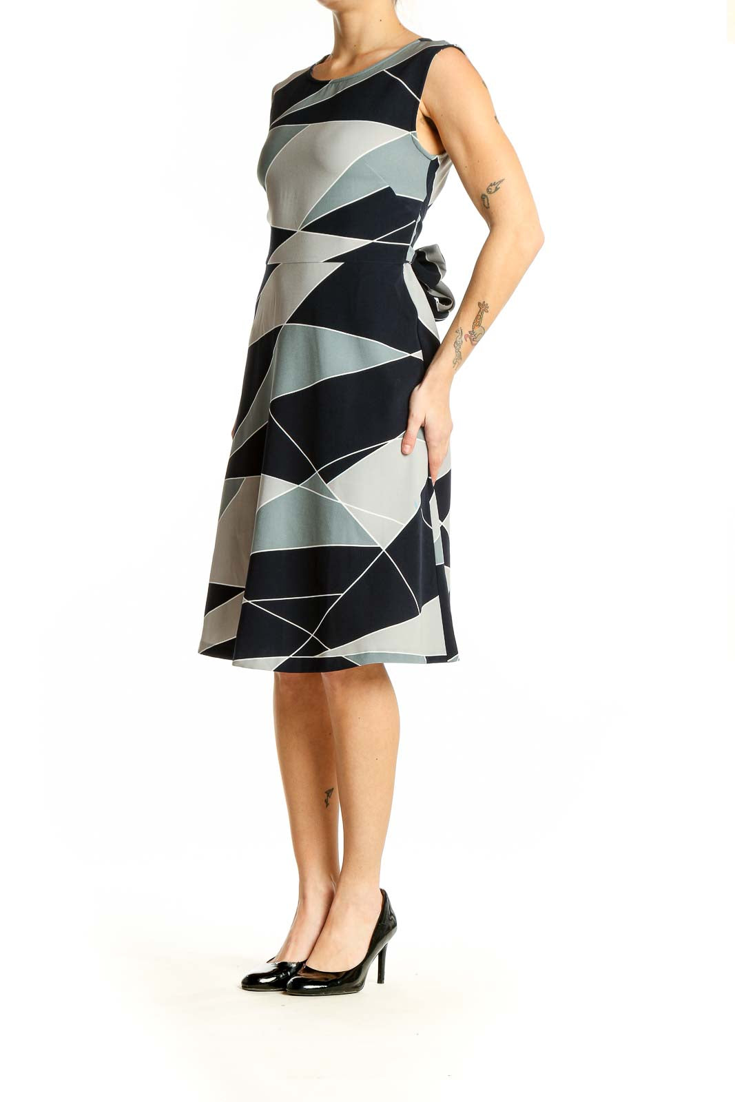 Front view of Ann Taylor navy geometric print sleeveless dress