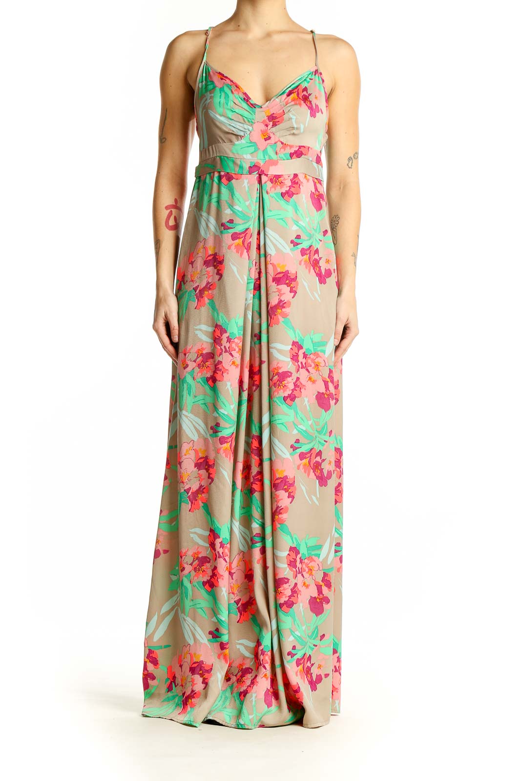 Front view of Silvian Heach beige floral maxi dress with pink flowers and green leaves