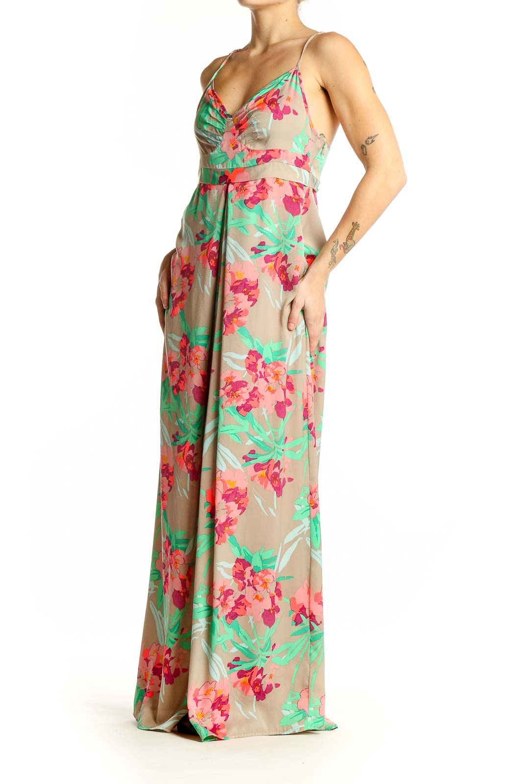 Front view of Silvian Heach beige floral maxi dress with pink flowers and green leaves