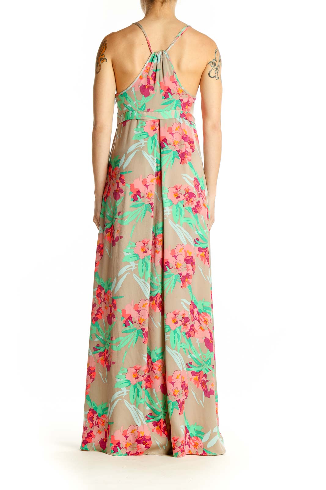 Side view of Silvian Heach beige floral maxi dress showing full-length silhouette