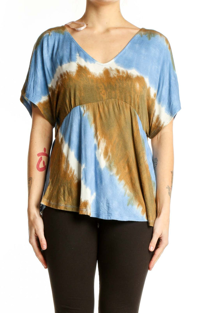 Front view of Nanette Lepore Blue and Brown Tie-Dye V-Neck Top