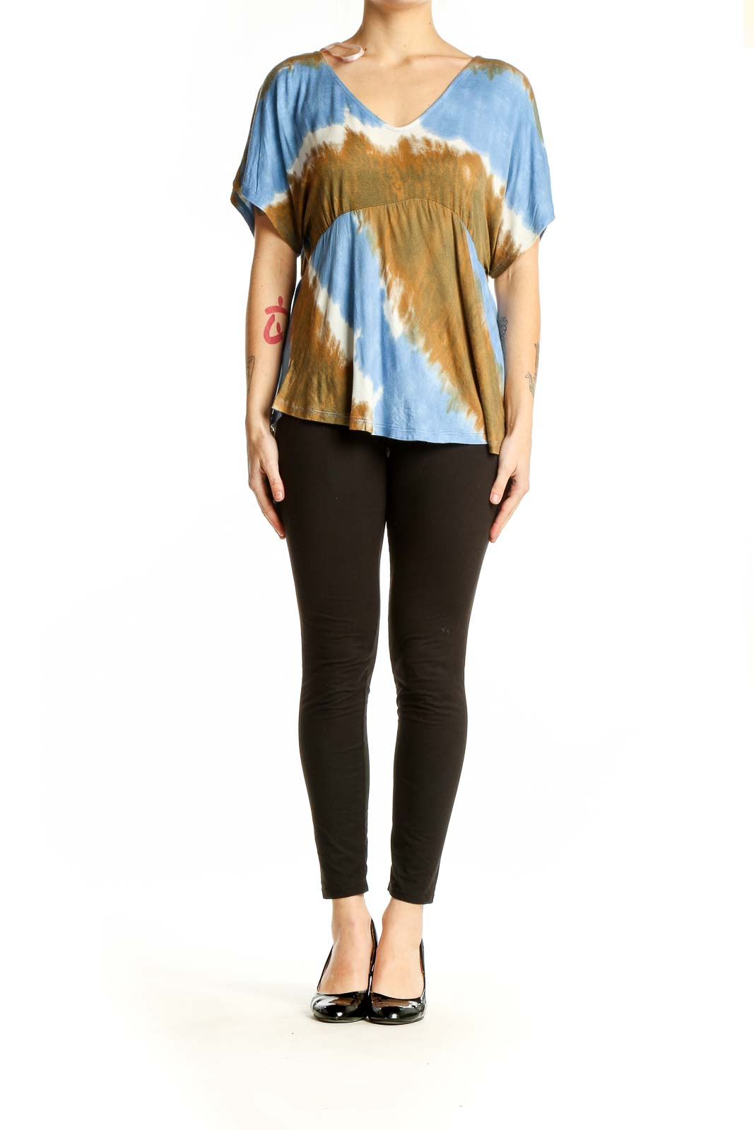 Front view of Nanette Lepore Blue and Brown Tie-Dye V-Neck Top