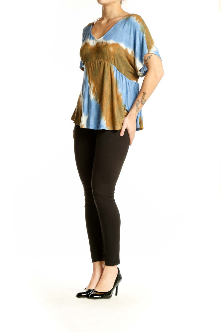 Front view of Nanette Lepore Blue and Brown Tie-Dye V-Neck Top