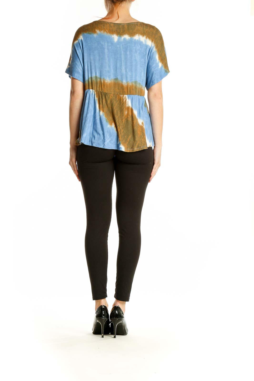 Back view of Nanette Lepore Blue and Brown Tie-Dye V-Neck Top