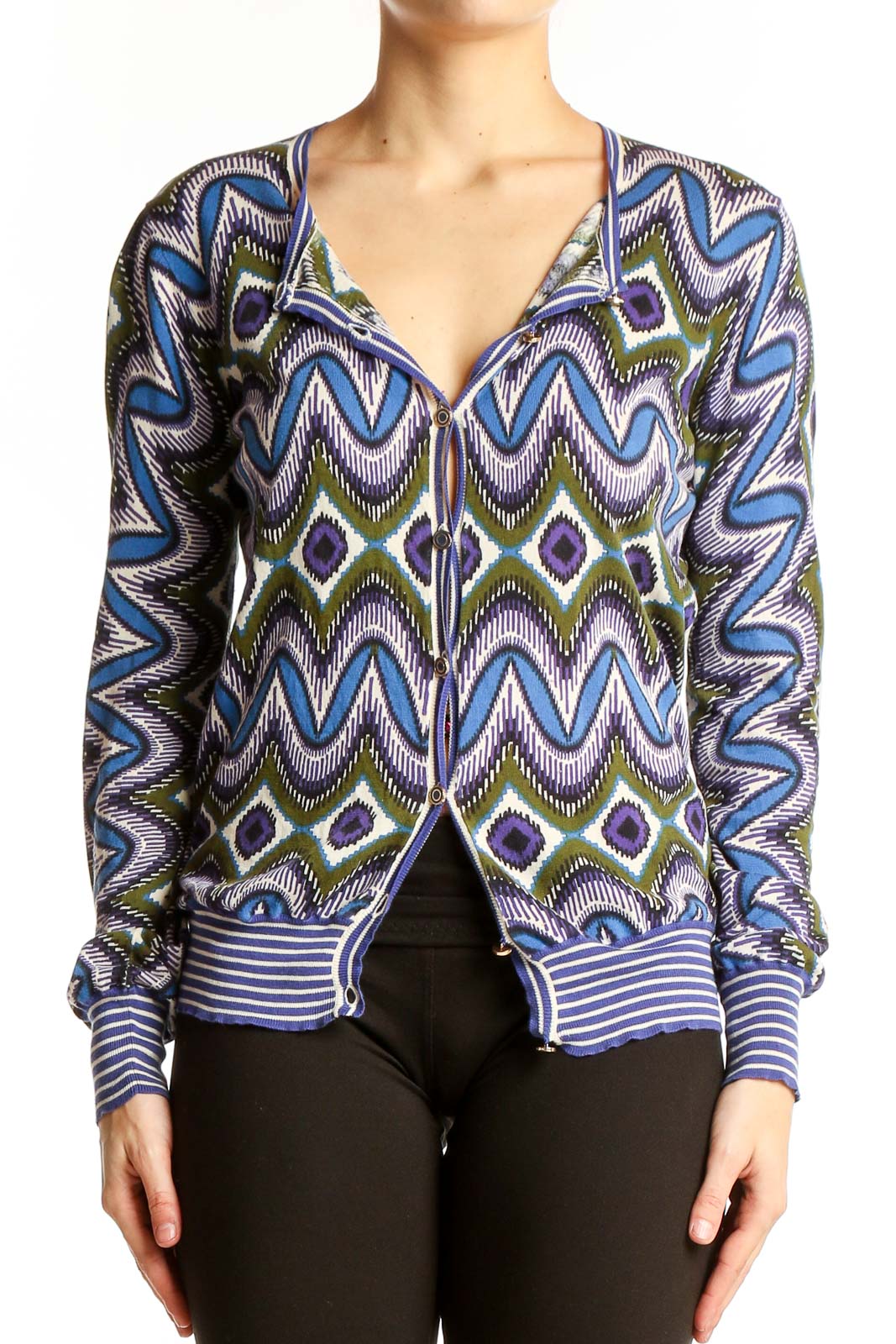 Front view of Tory Burch blue geometric print cotton cardigan