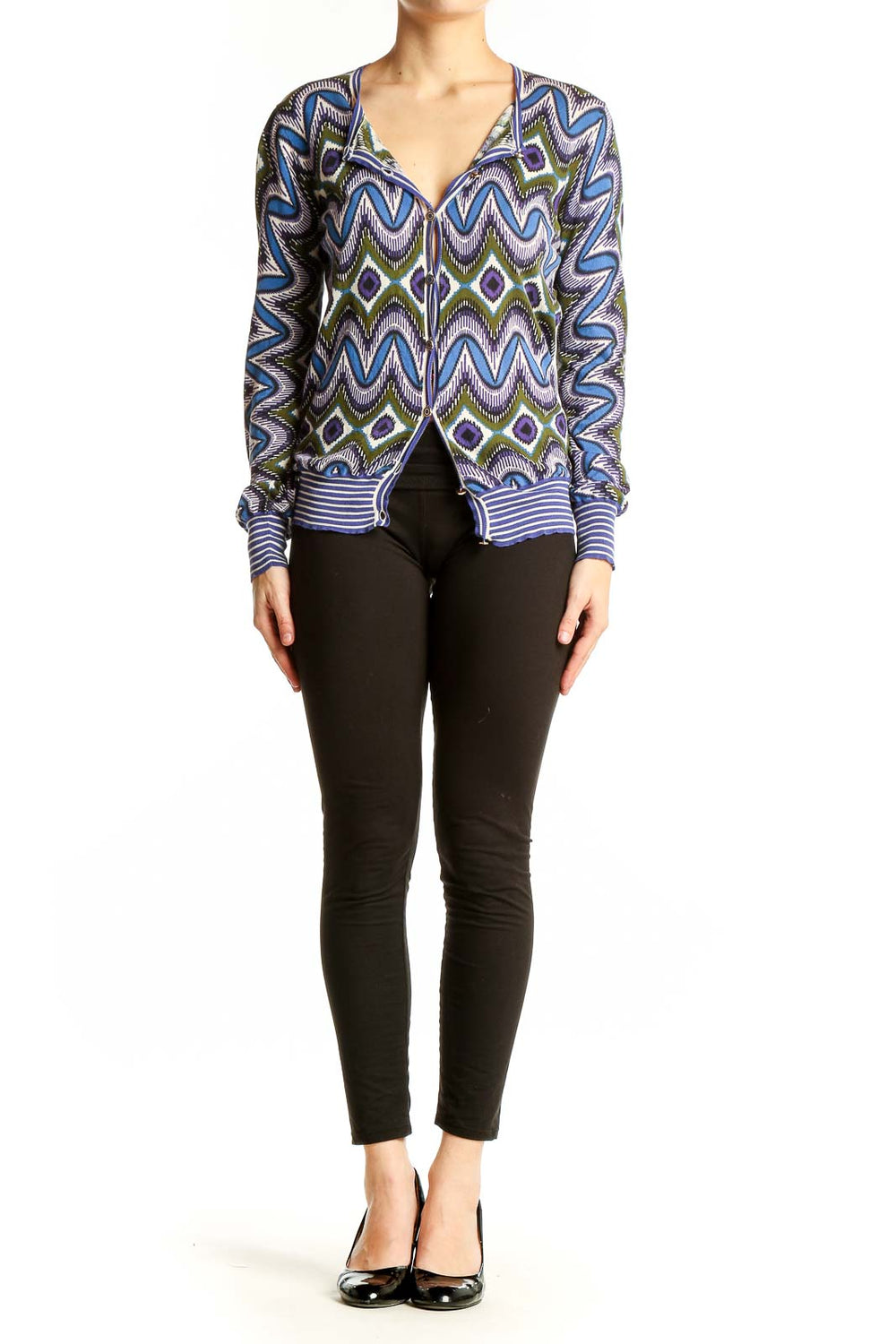 Front view of Tory Burch blue geometric print cotton cardigan