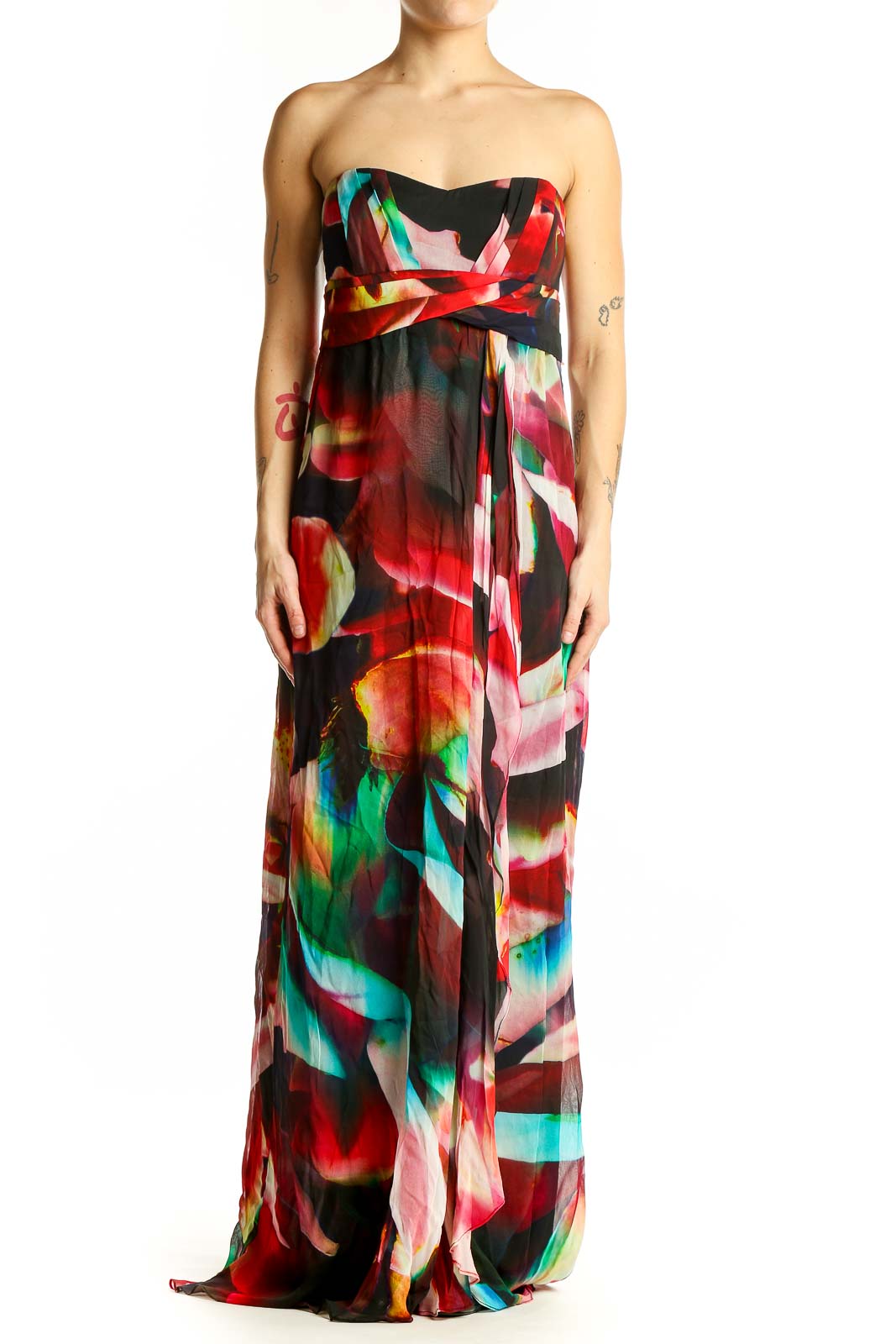 Front view of multicolor abstract print strapless maxi dress by Nicole Miller Artelier