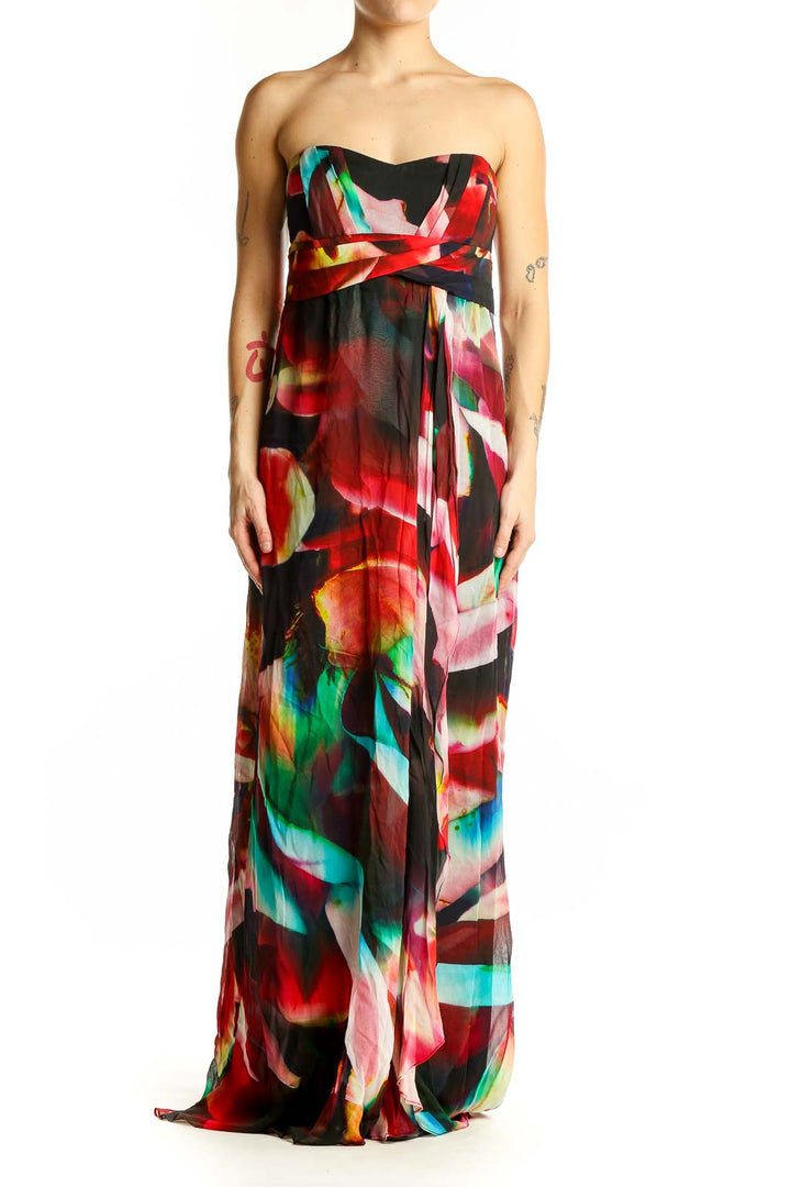 Front view of multicolor abstract print strapless maxi dress by Nicole Miller Artelier