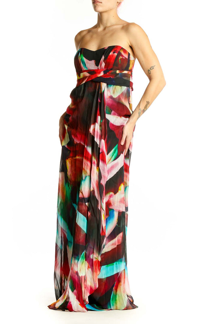 Front view of multicolor abstract print strapless maxi dress by Nicole Miller Artelier