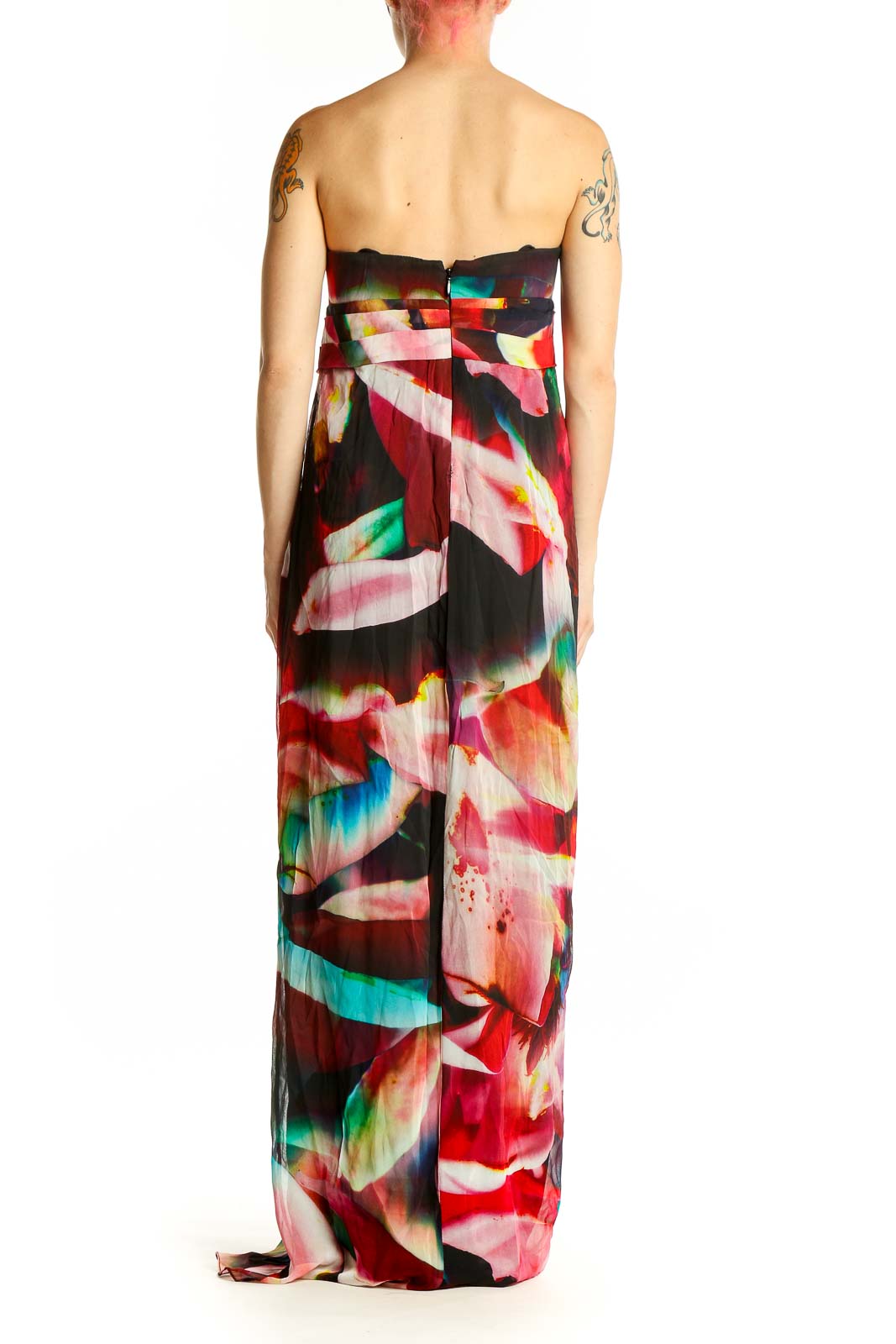 Side view of multicolor abstract print strapless maxi dress by Nicole Miller Artelier