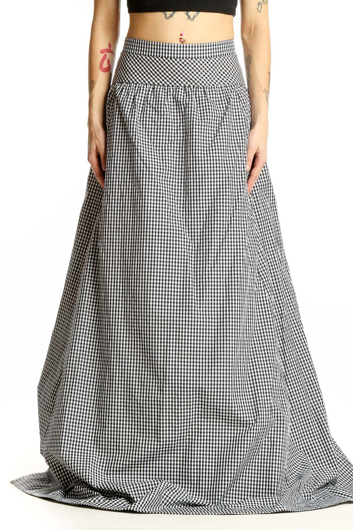 Front view of J.Crew black and white gingham maxi skirt