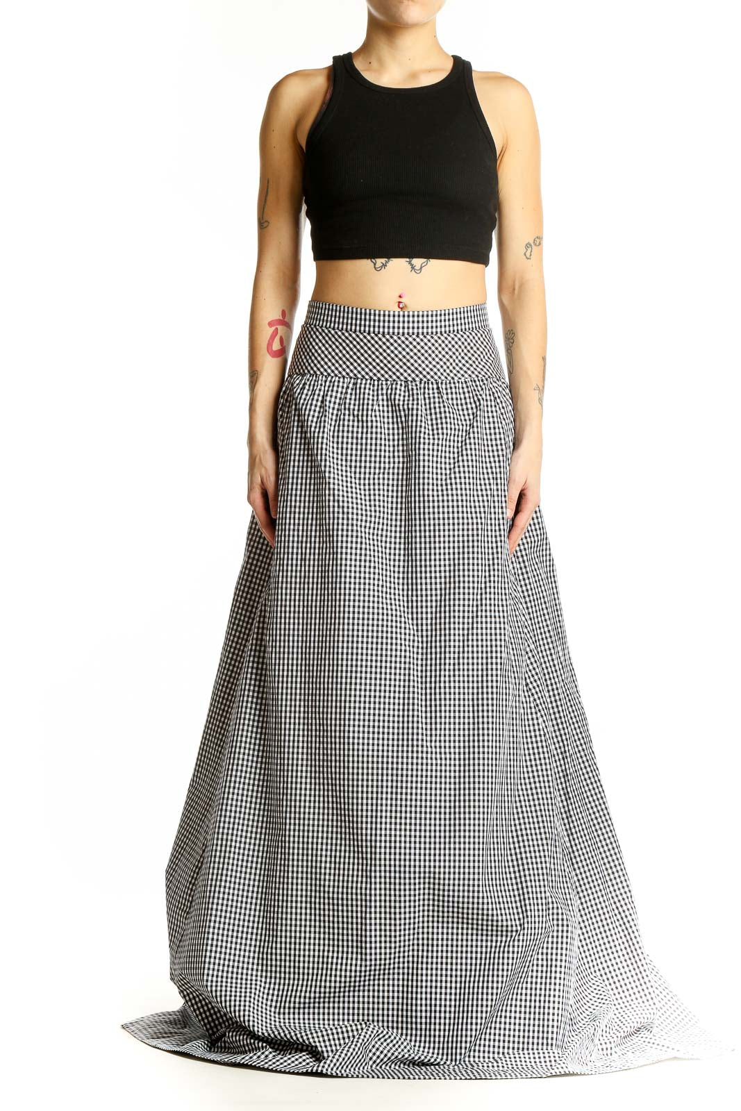 Front view of J.Crew black and white gingham maxi skirt