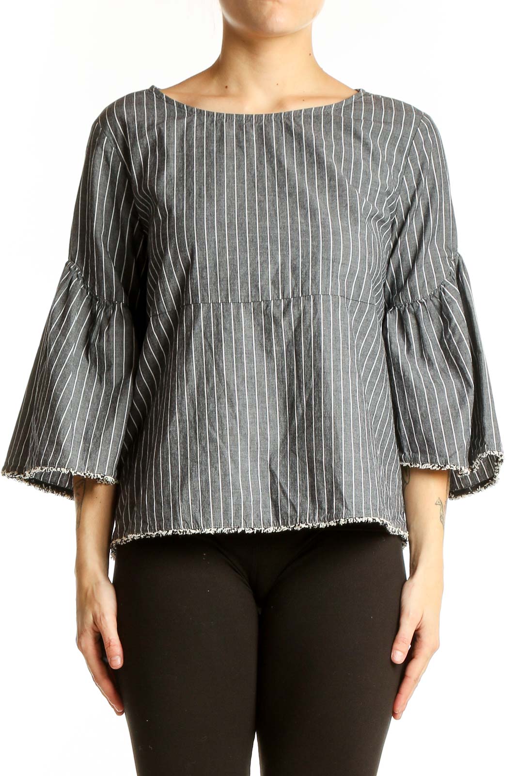 Front view of gray striped bell sleeve top by dolan LEFT COAST