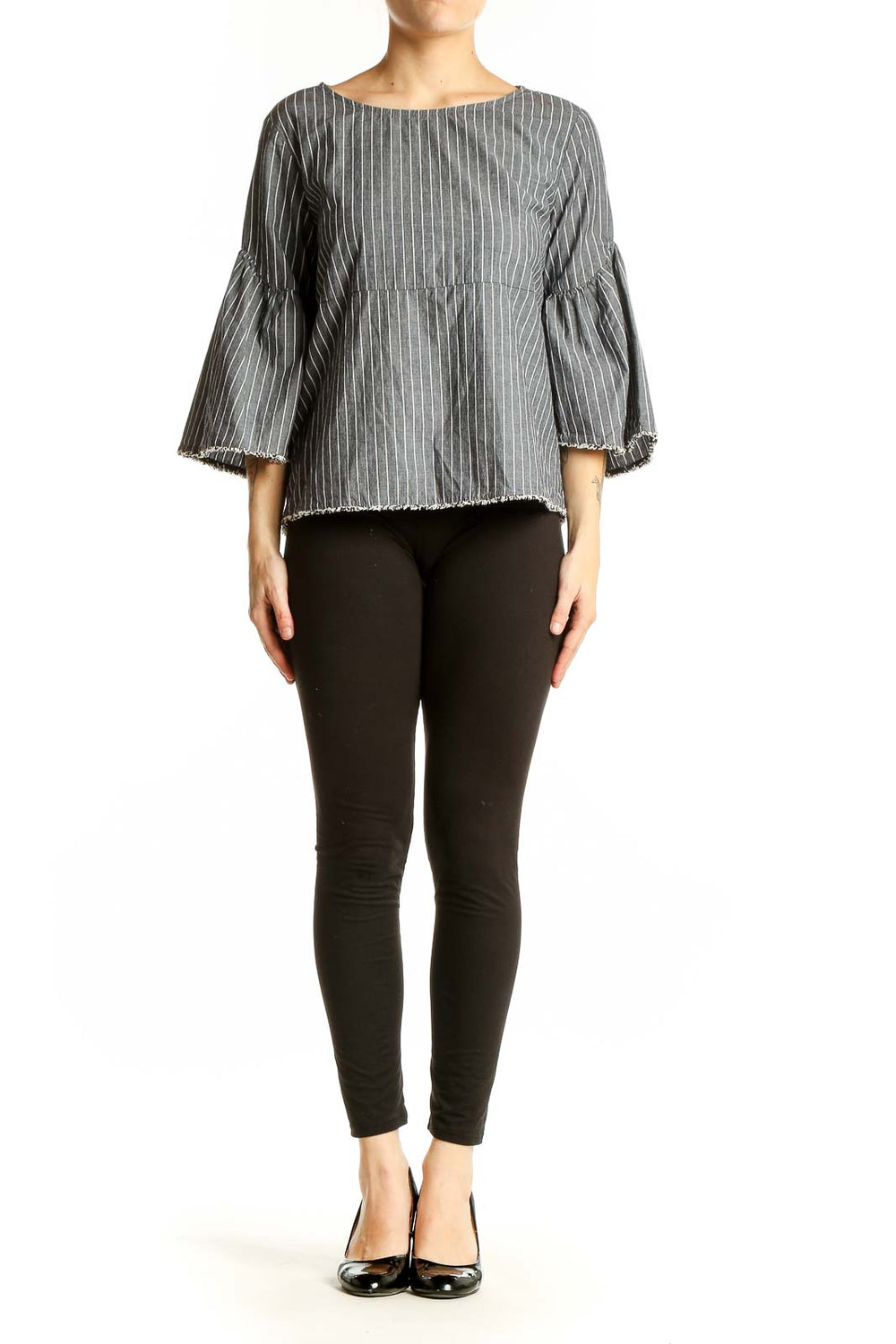 Front view of gray striped bell sleeve top by dolan LEFT COAST