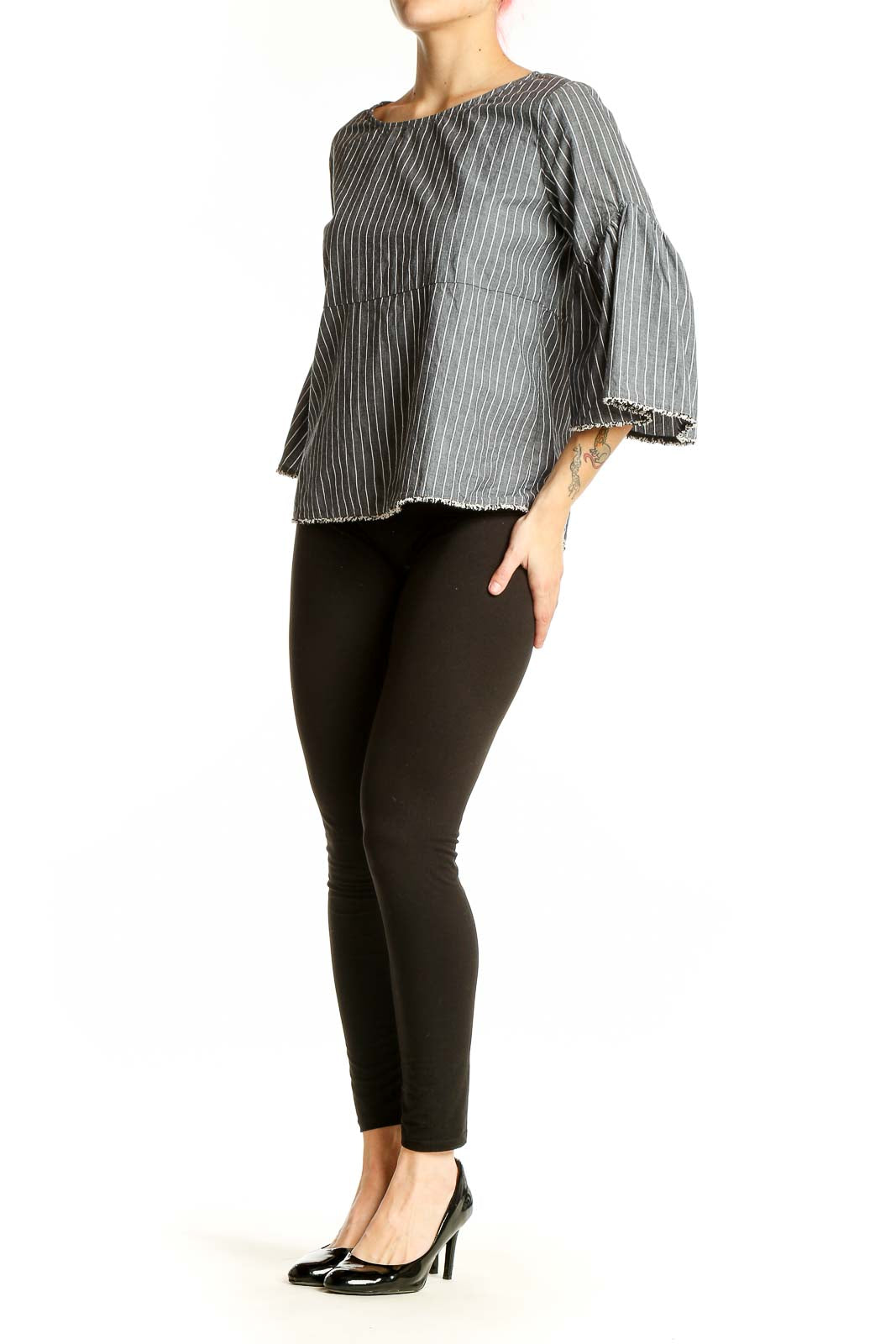 Front view of gray striped bell sleeve top by dolan LEFT COAST