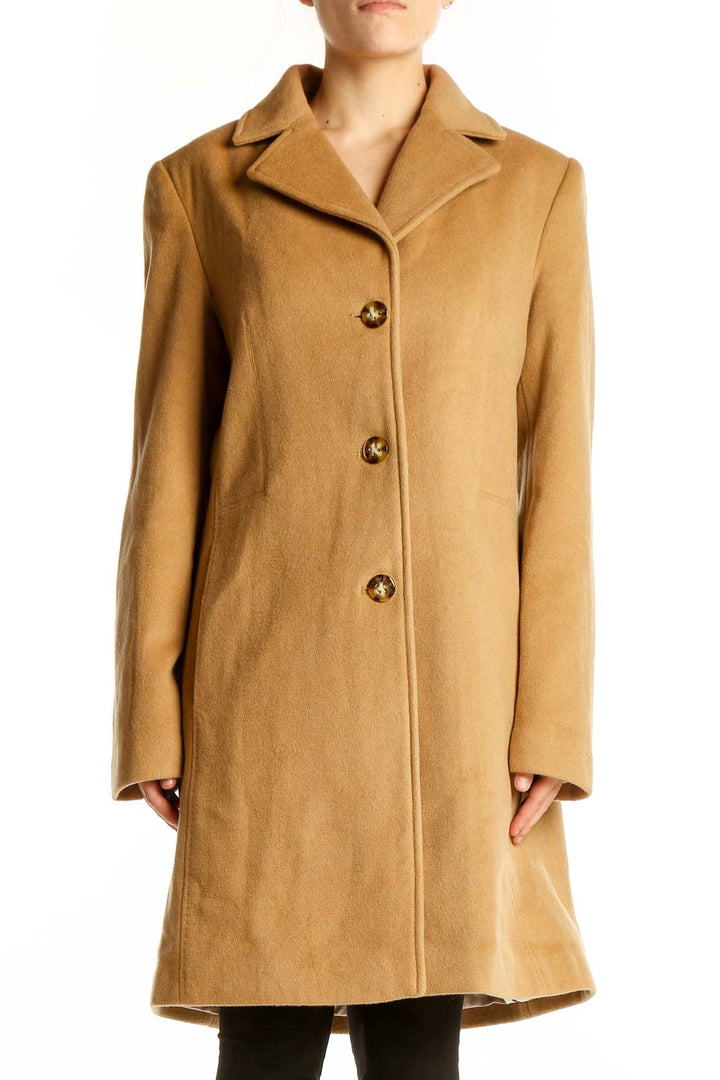 Front view of Calvin Klein camel wool blend coat with button closure