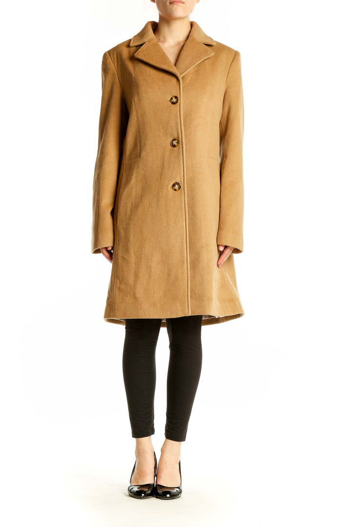 Front view of Calvin Klein camel wool blend coat with button closure