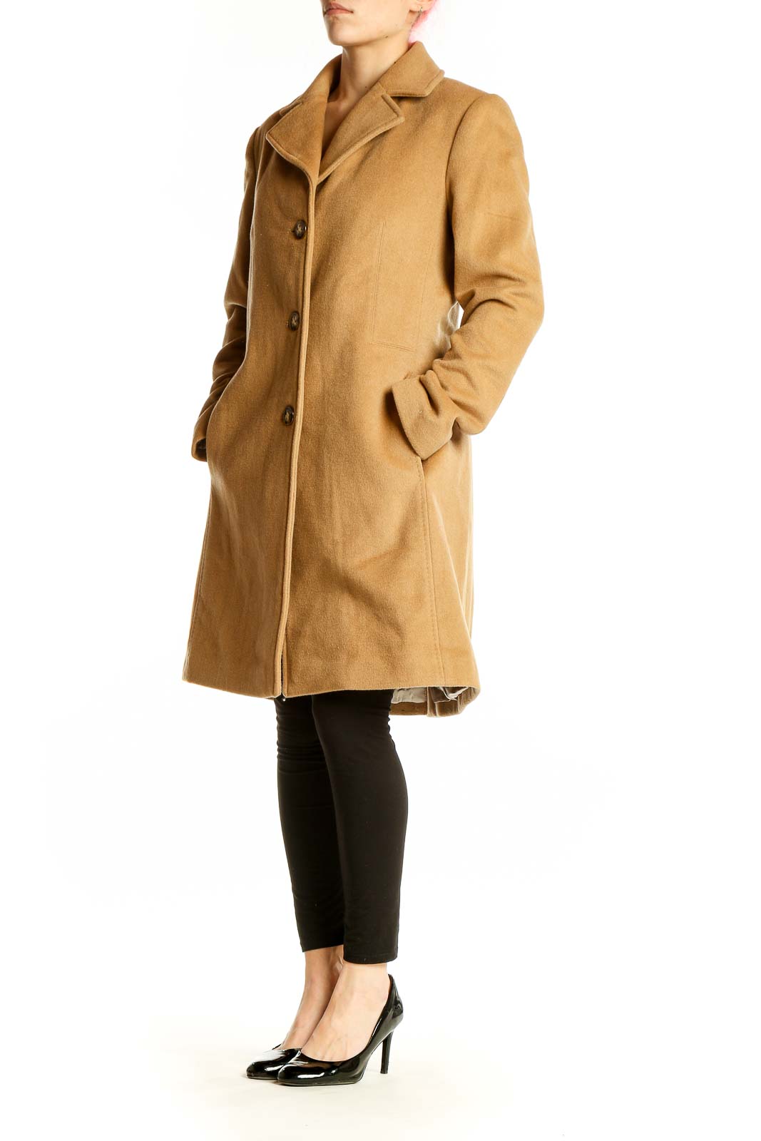 Front view of Calvin Klein camel wool blend coat with button closure