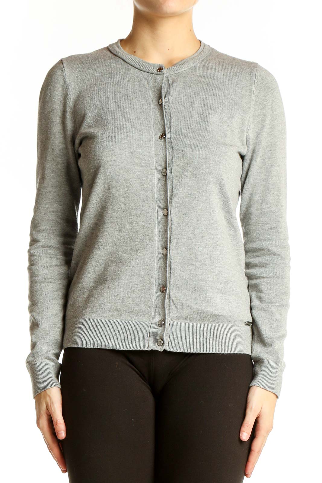 Front view of gray Calvin Klein cardigan with button-front design