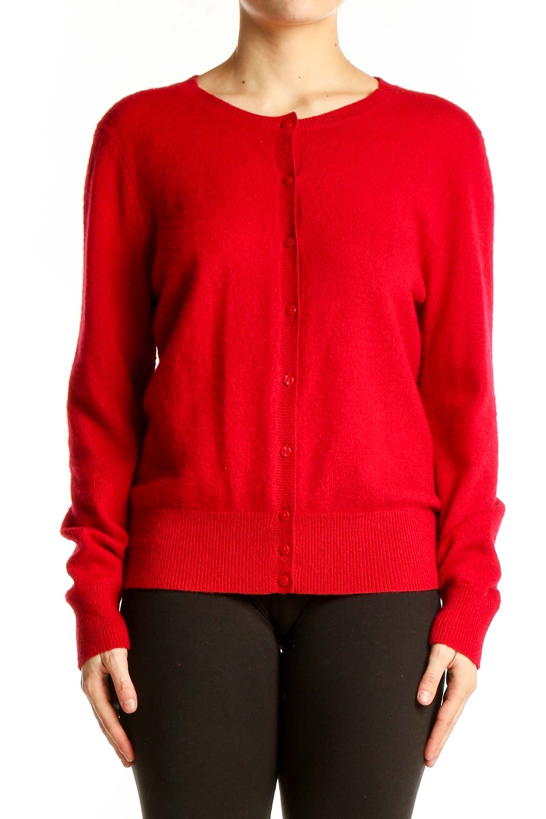 Front view of red cashmere button-up cardigan from Lord & Taylor