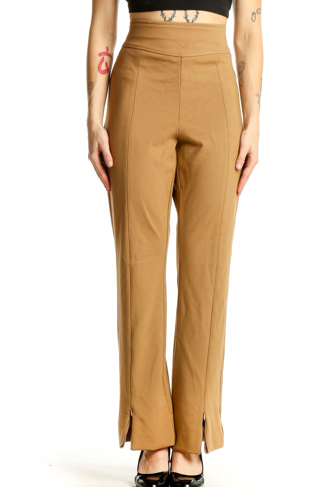 Front view of J.Crew camel high-waisted wide-leg trousers