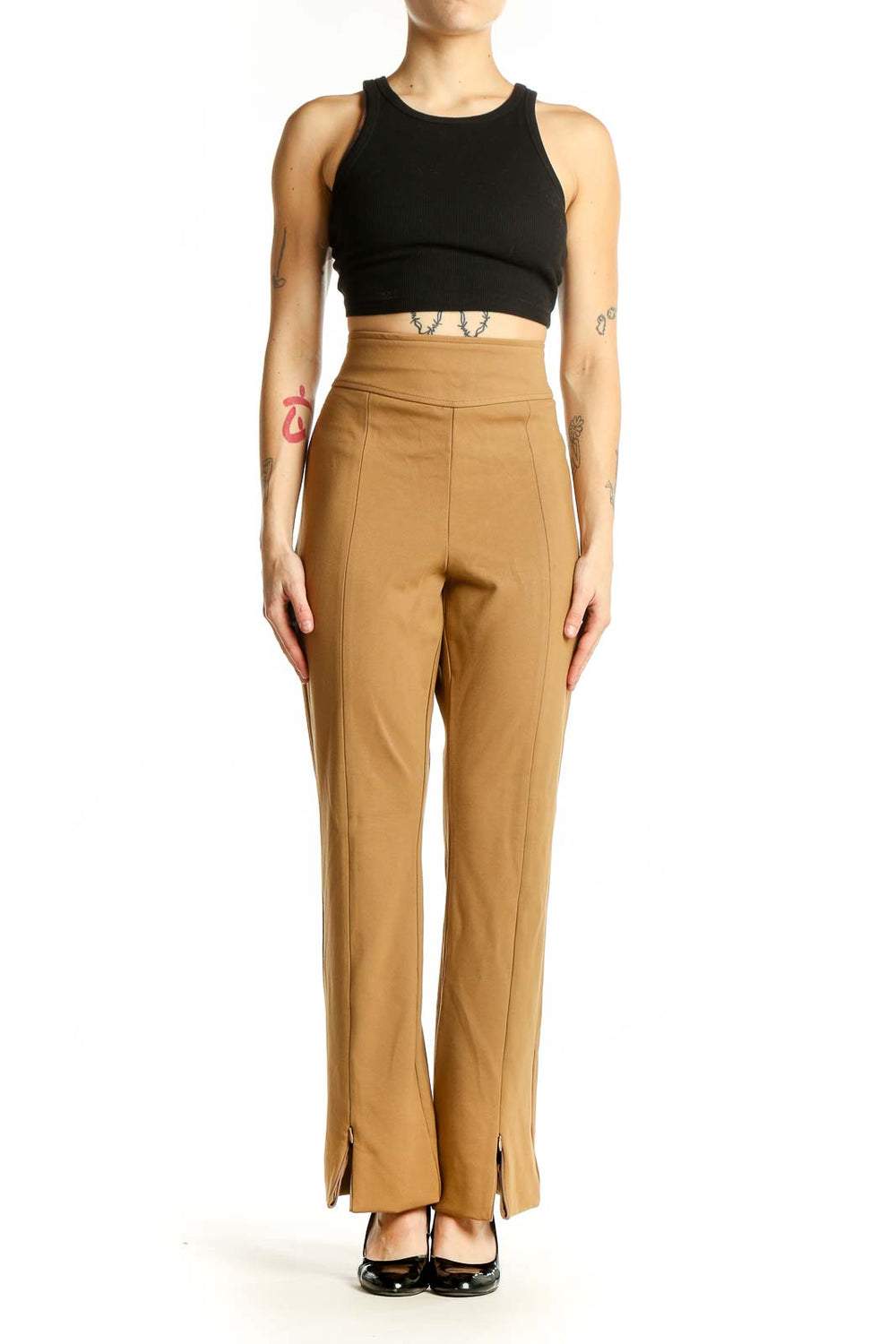 Front view of J.Crew camel high-waisted wide-leg trousers