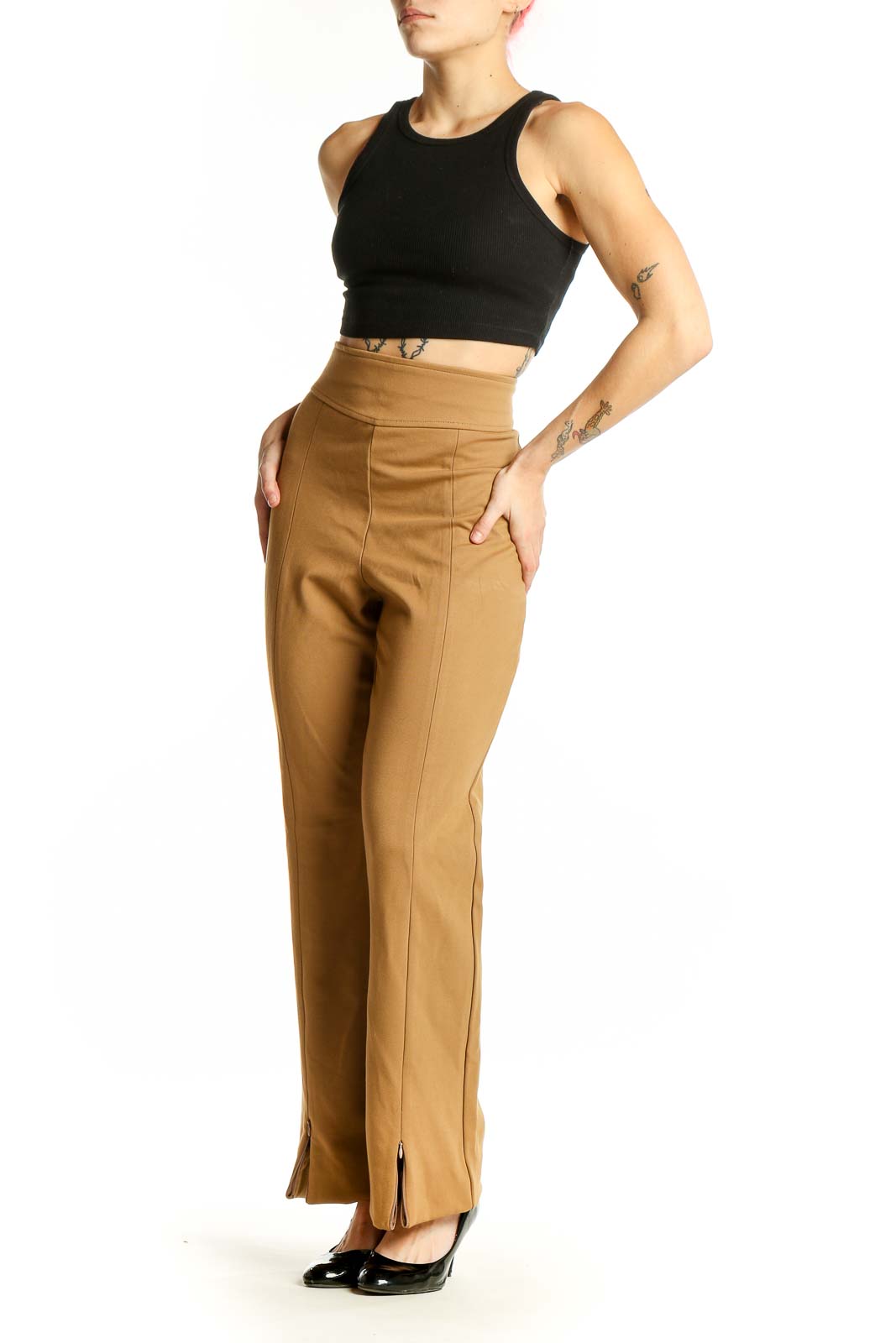 Front view of J.Crew camel high-waisted wide-leg trousers