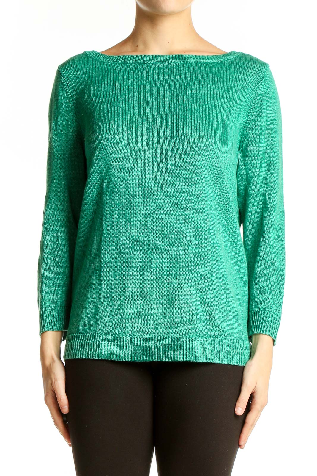 Front view of green linen knit sweater from Talbots with boat neck