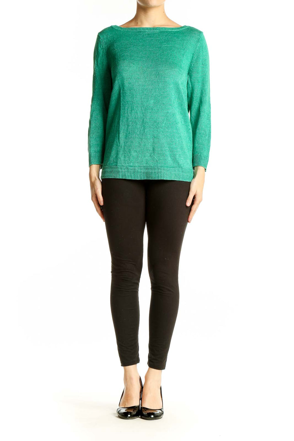 Front view of green linen knit sweater from Talbots with boat neck