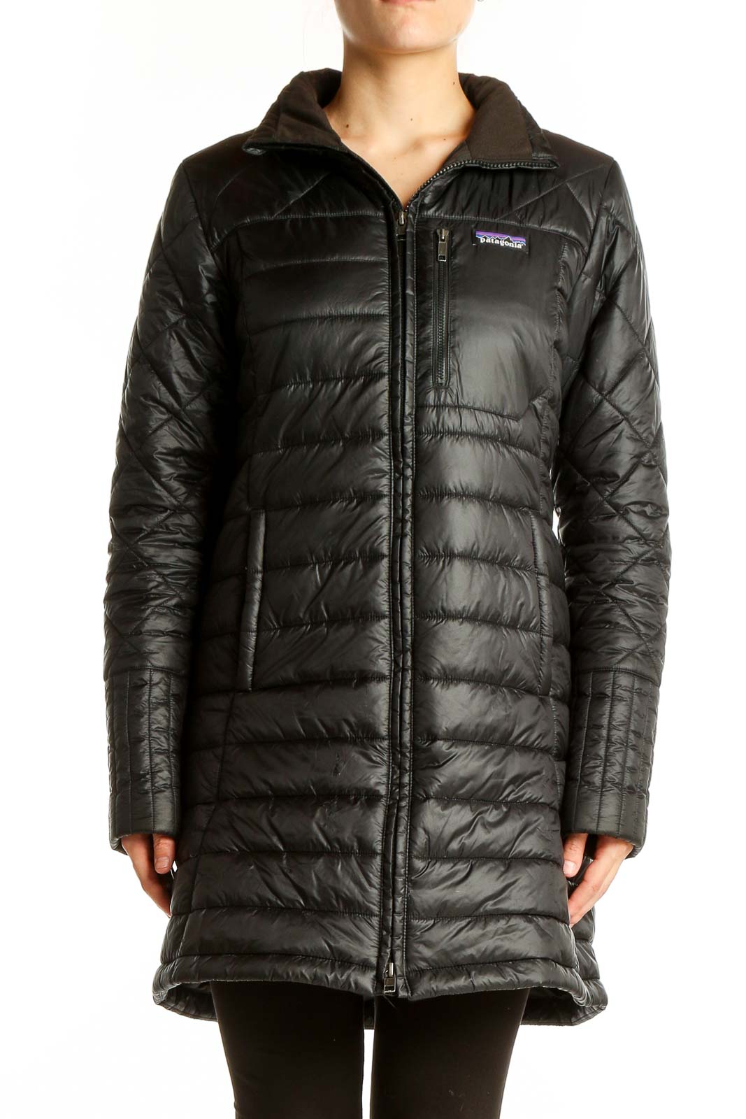 Front view of black Patagonia quilted long puffer coat