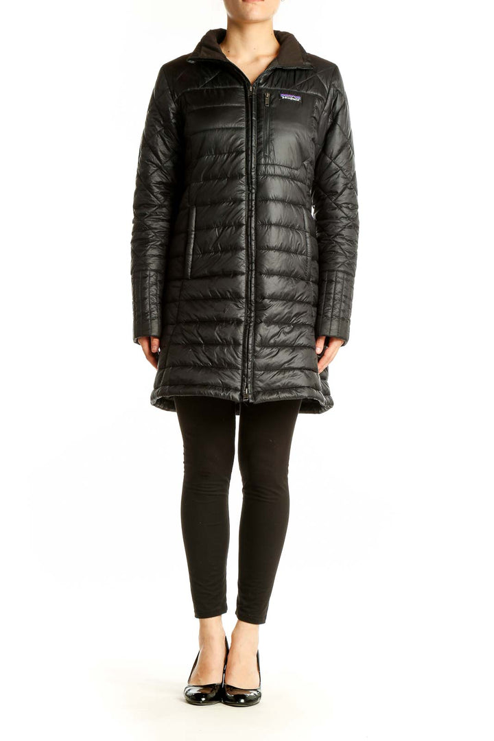 Front view of black Patagonia quilted long puffer coat