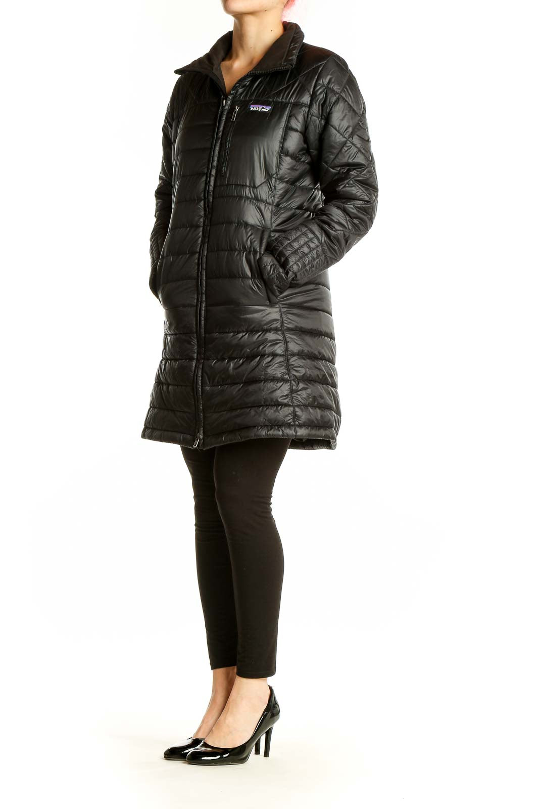 Front view of black Patagonia quilted long puffer coat