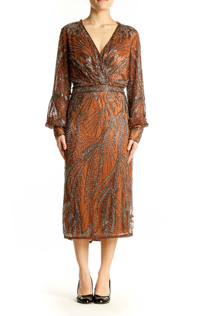 Front view of copper sequined wrap midi dress by Mac Duggal