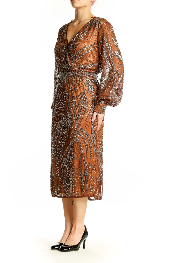 Front view of copper sequined wrap midi dress by Mac Duggal