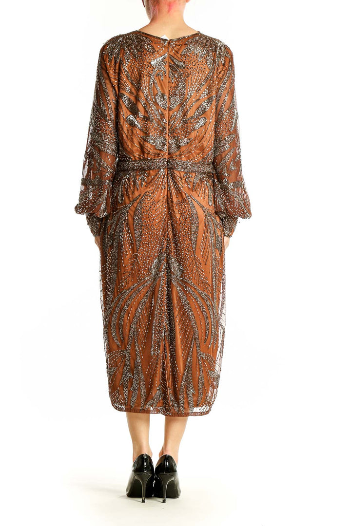Side view of copper sequined wrap midi dress by Mac Duggal