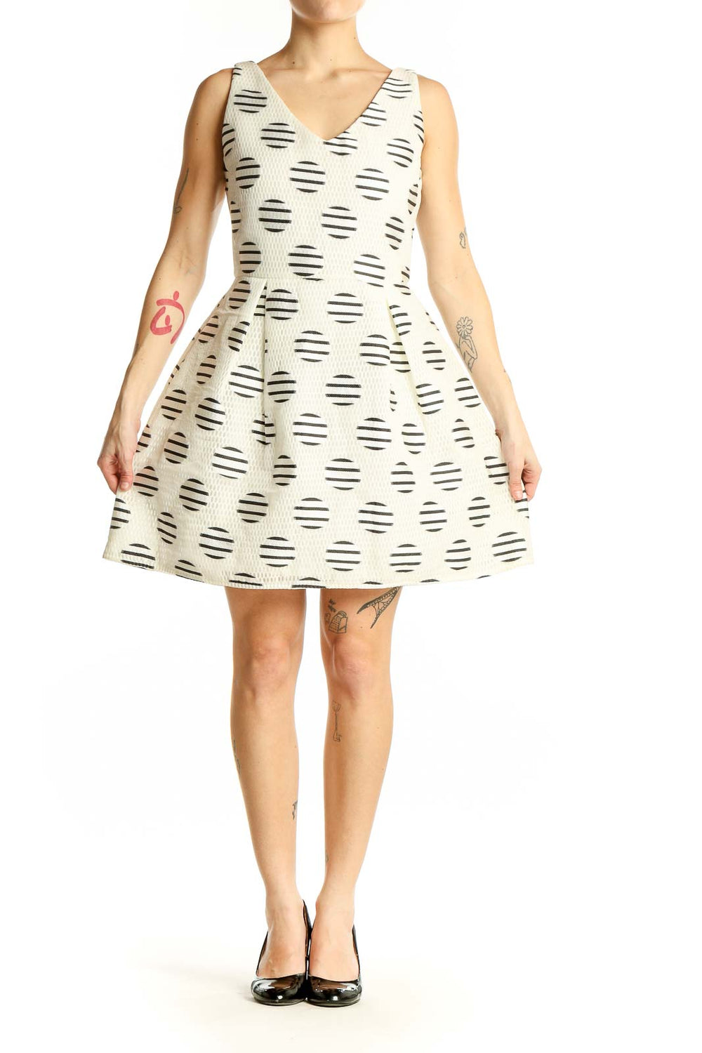 Front view of Romeo & Juliet Couture White Polka Dot Fit and Flare Dress