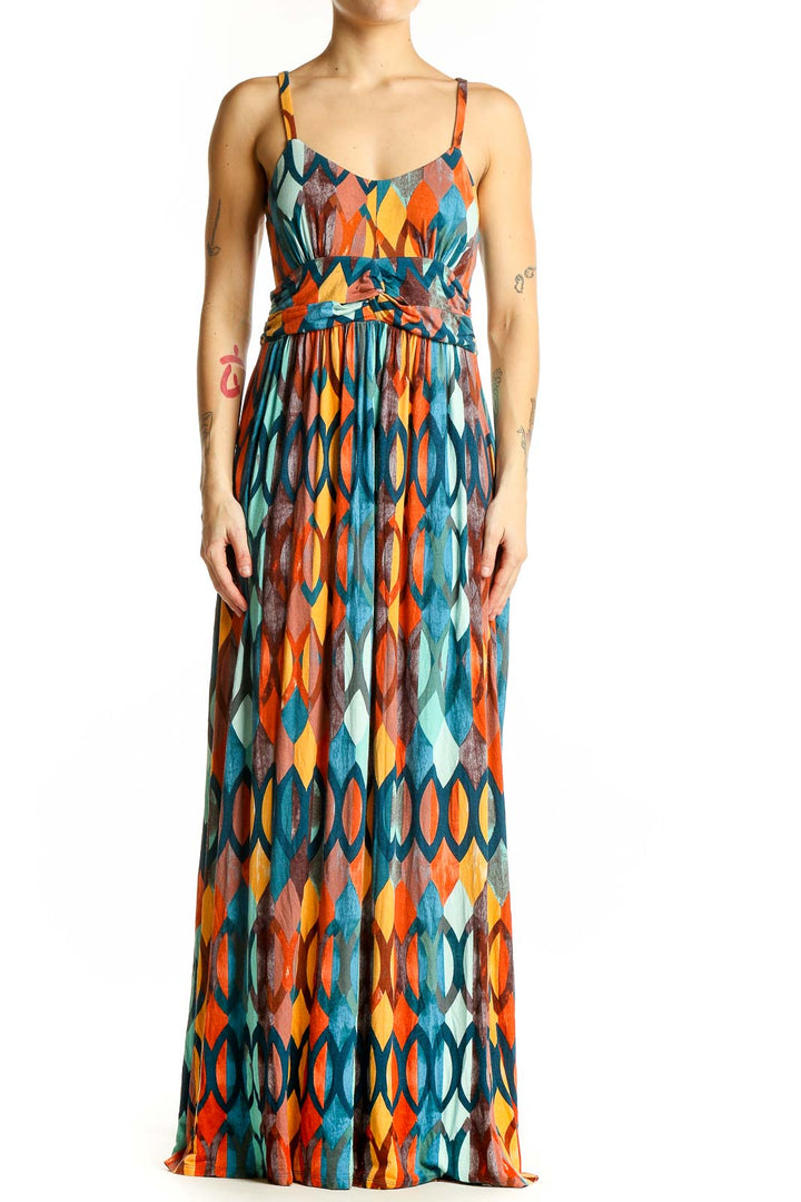 Front view of Maeve multicolor geometric print maxi dress with spaghetti straps