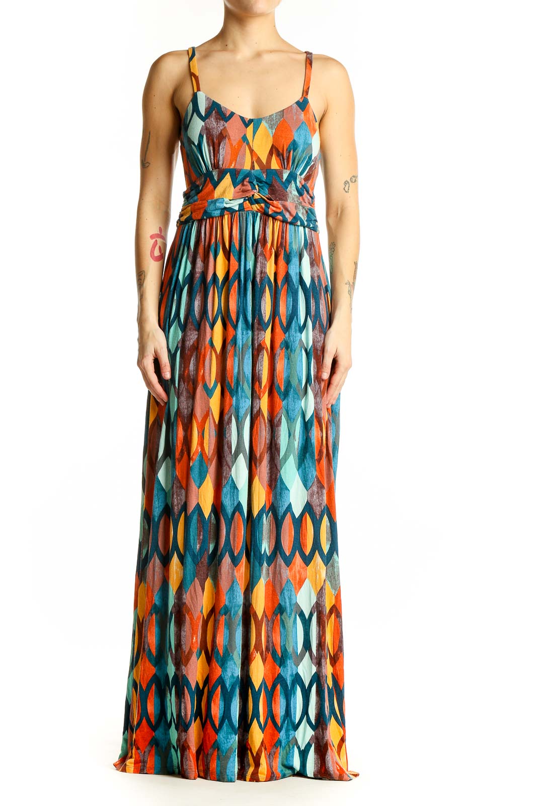 Front view of Maeve multicolor geometric print maxi dress with spaghetti straps