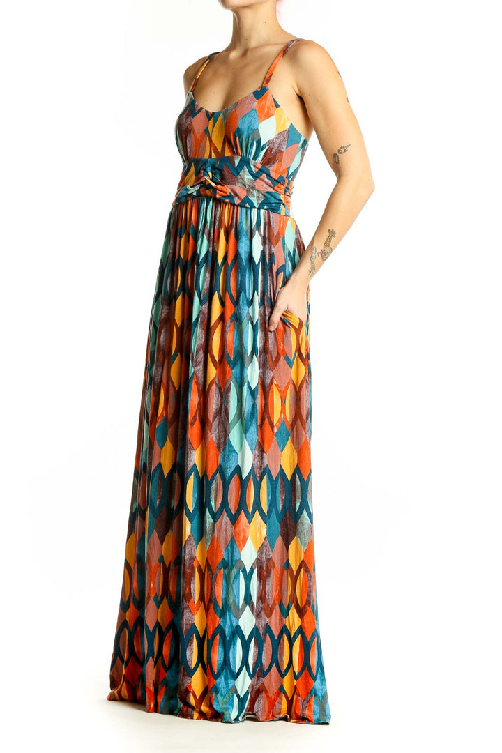 Front view of Maeve multicolor geometric print maxi dress with spaghetti straps