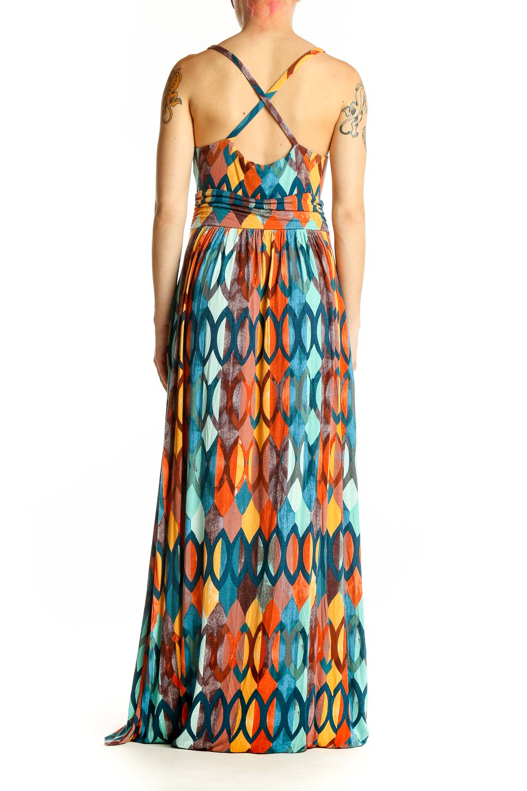 Back view of Maeve multicolor geometric print maxi dress showing full-length design