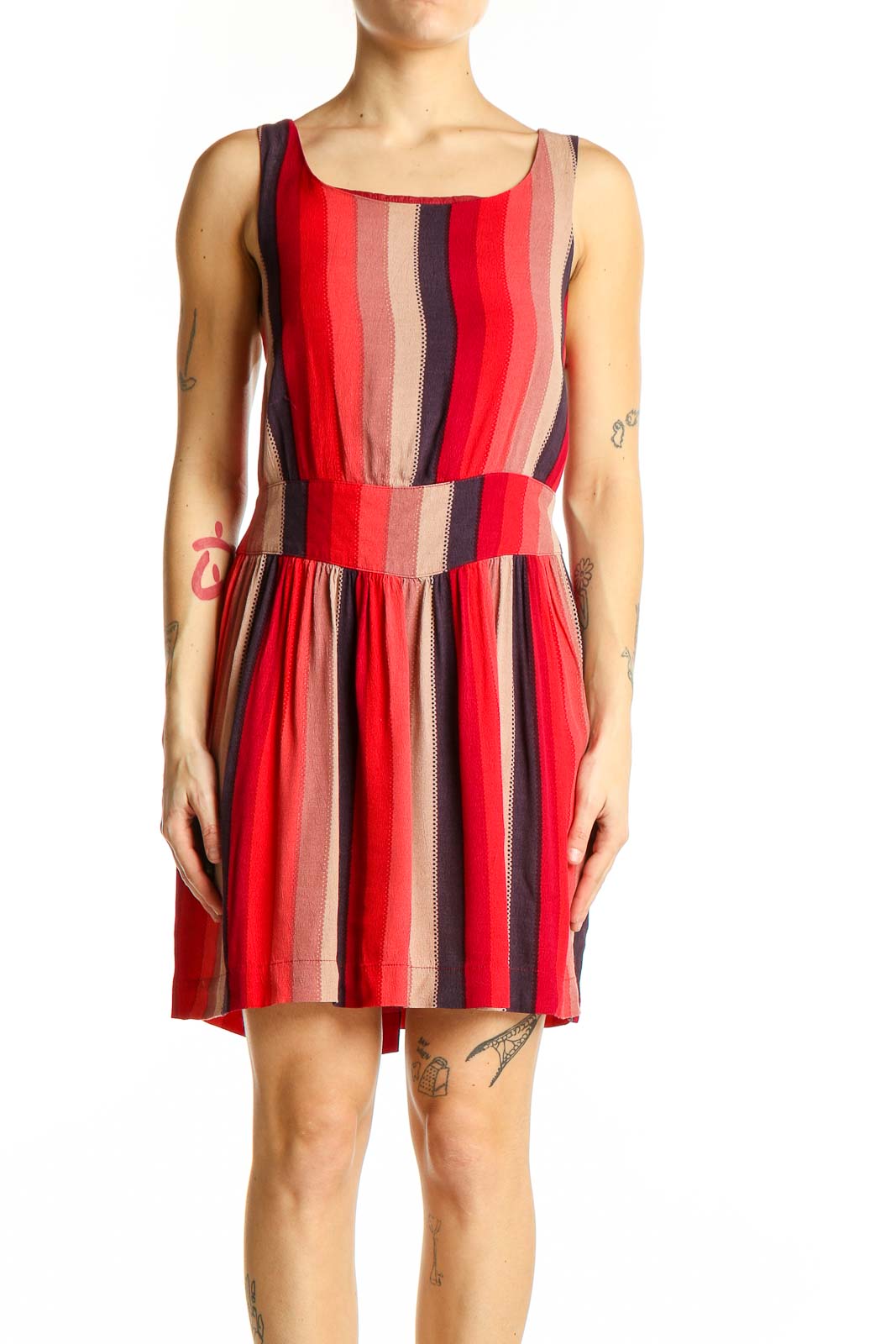 Front view of Cooperative red striped sleeveless rayon dress with fitted waist