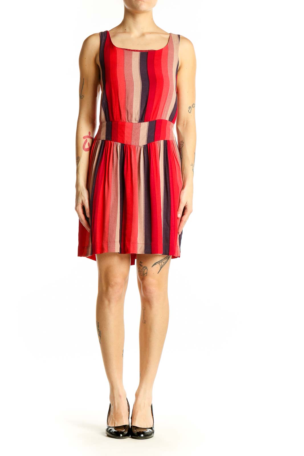 Front view of Cooperative red striped sleeveless rayon dress with fitted waist