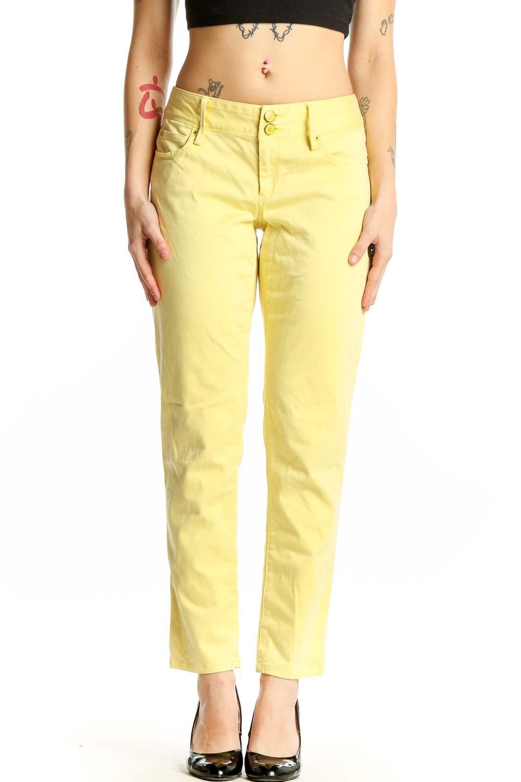 Front view of Lilly Pulitzer yellow straight leg jeans