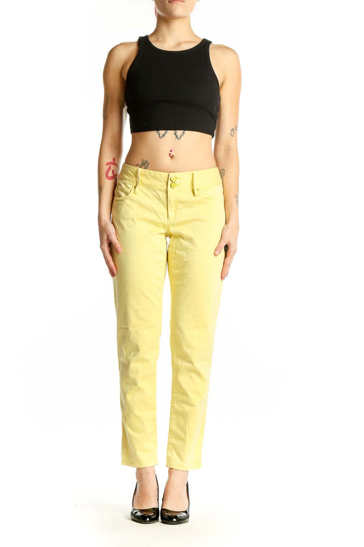 Front view of Lilly Pulitzer yellow straight leg jeans