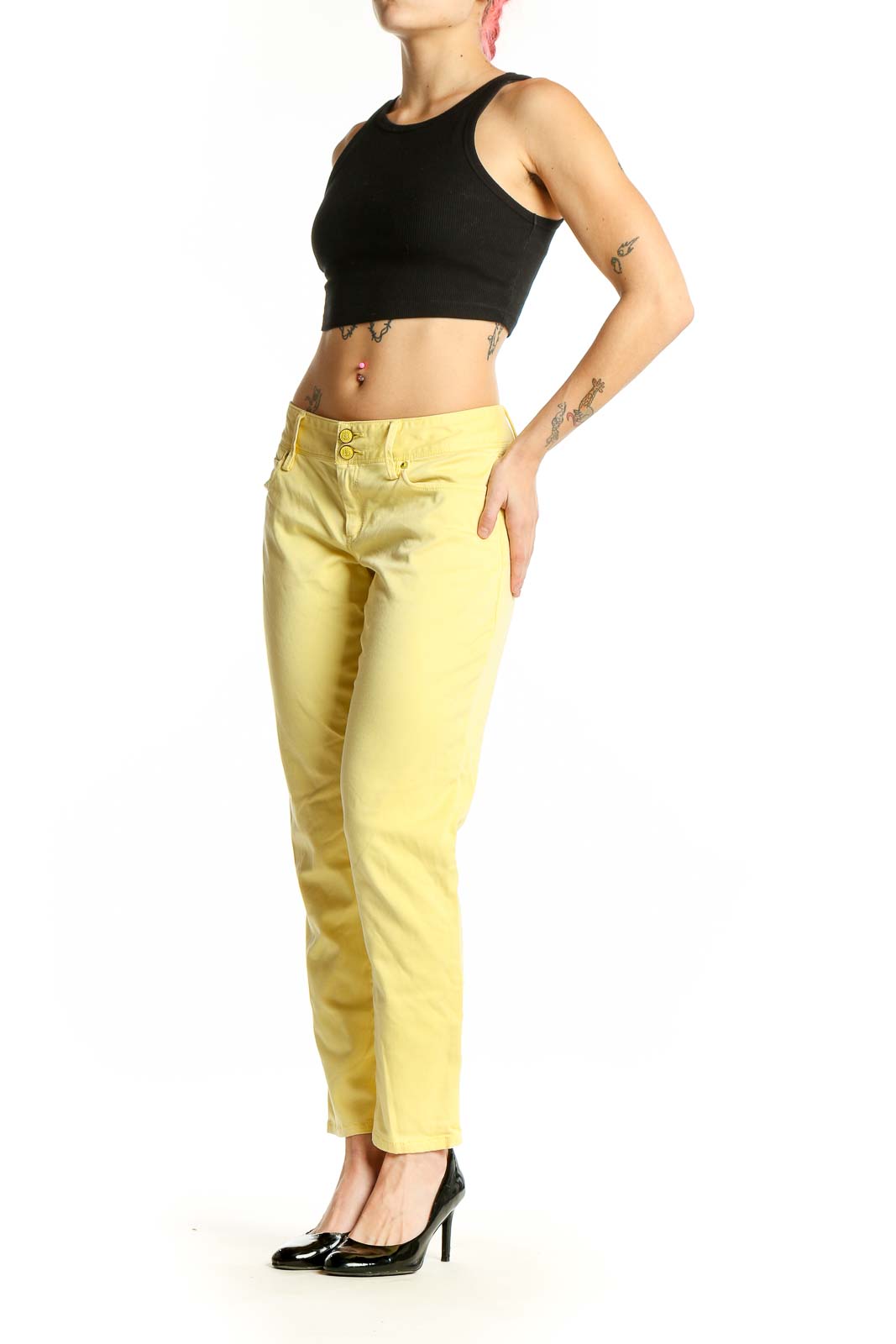 Front view of Lilly Pulitzer yellow straight leg jeans